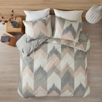 Full/Queen Blush and Gray Cotton Ikat Sham Set