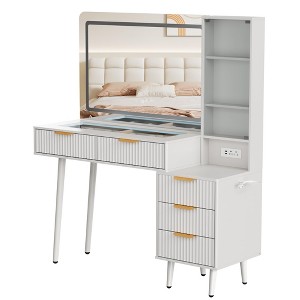 48" Fluted Vanity Desk with Mirror and Lights, Modern Make Up Vanity with Drawers, Glass Top Power Outlet, Makeup Table for Bedroom - 1 of 4