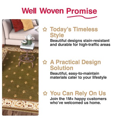 Green and Beige Synthetic Fleur De Lis Area Rug