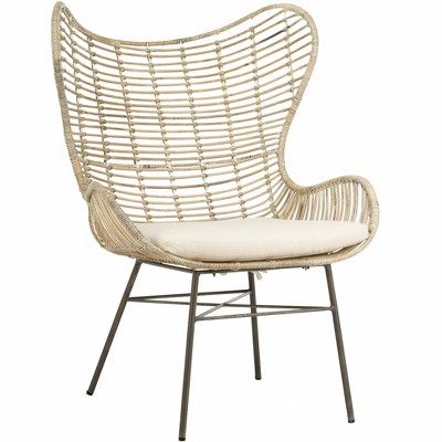 Transitional Beige Rattan Wingback Armchair with White Wash Finish