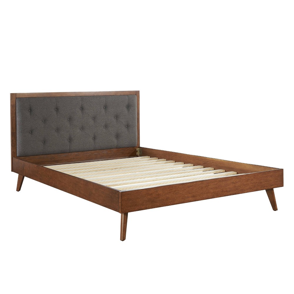 Photos - Bed Linon Queen Reid Mid-Century Modern Tufted Headboard Footboard Side Rails Platform  Walnut/Gray  