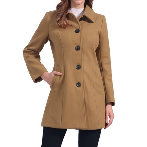 Allegra K Women's Collar Long Sleeve Single Breasted Winter Long Coat Large Dark Camel