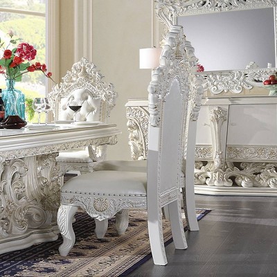Antique White Tufted Faux Leather Ornate Side Chairs, Set of 2