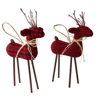 Lakeside Plaid and Houndstooth Reindeer Christmas Tree Ornaments - Set of 2 Decorations