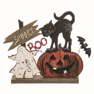 Transpac Wood Multicolor Halloween Spooky Kitty and Pumpkin Decor