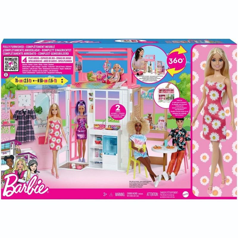 Barbie Dollhouse with Doll, 2 Levels & 4 Play Areas, Fully Furnished, 3 of 9