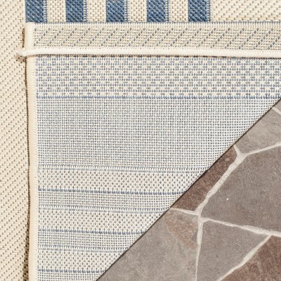 Beige and Blue Striped Synthetic Indoor/Outdoor Runner Rug