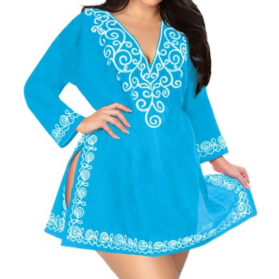 LA LEELA Women's Summer Vacation Mini Beachwear Bathing Suit Short Beach Dress Bikini Swimsuit Cover ups Medium-Large Blue, Solid