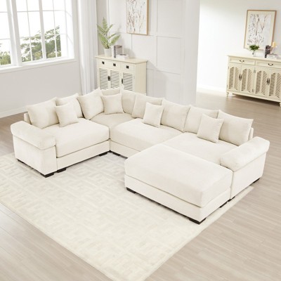 Aukfa Oversized Cloud Modular Corduroy Sofa Sectional with Ottoman - Reversible Deep Seat Couch for Living Room