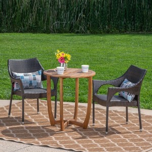 Clement 3pc Acacia and Wicker Bistro Set - Teak/Brown - Christopher Knight Home: Outdoor Elegant Dining Furniture Set - 1 of 4