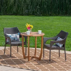 Clement 3pc Acacia and Wicker Bistro Set - Teak/Brown - Christopher Knight Home