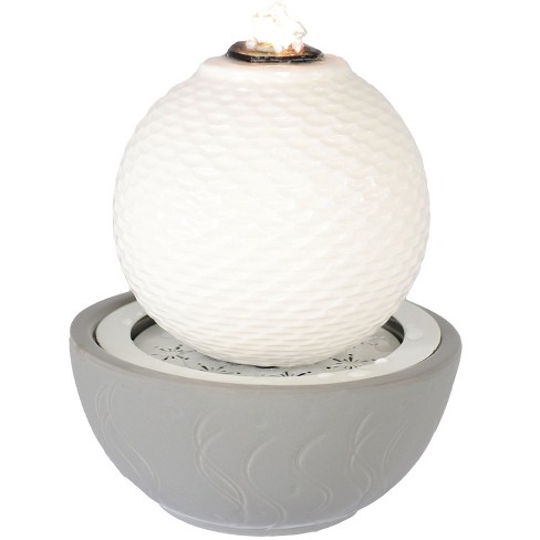 Sunnydaze Patterned Sphere Indoor Tabletop Fountain with LED Lights - White  and Gray- 9.5