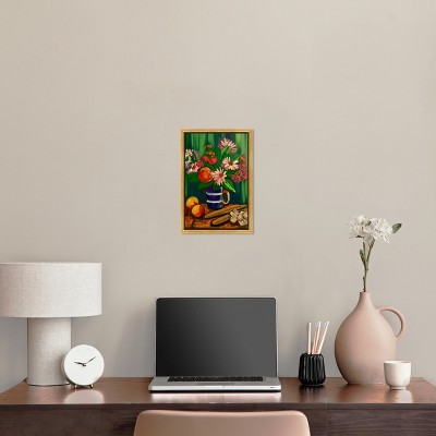 Handcrafted Floral Vase and Fruits Painting on Canvas with Gold Frame