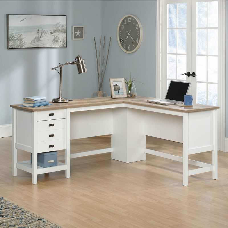 Cottage Road L-Shaped Desk with Oak Finished Top Soft White - Sauder: Farmhouse Style, File Storage, Grommet Holes, 3 of 9