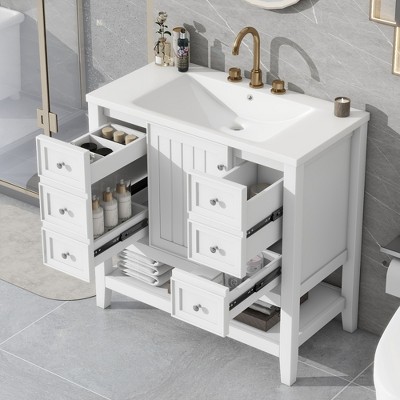 JUJABU 36'' Modern Bathroom Vanity with Ceramic Sink, 3 Drawers  & Open Shelf
