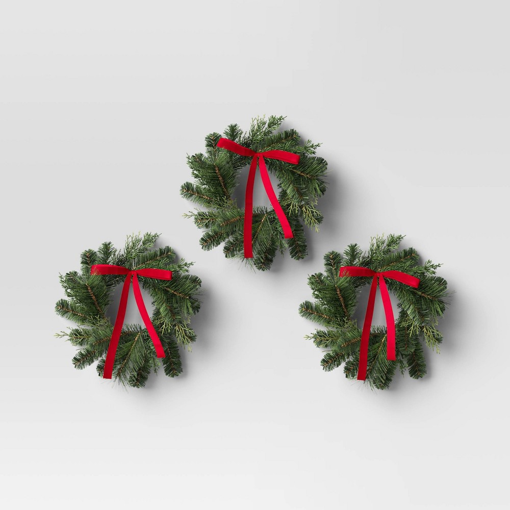 3pk 16" Cedar Artificial Christmas Window Wreath with Red Velvet Bow - Wondershop