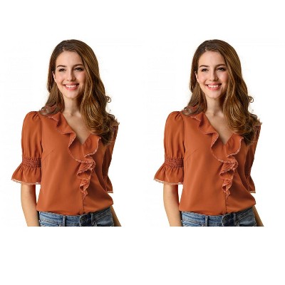 Allegra K Women's Ruffle V Neck Puff Sleeve Summer Casual Chiffon Peasant Top 2 Packs