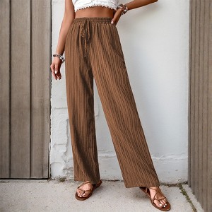 Women's High Waist Wide Leg Pants Elastic Drawstring Trousers with Pockets Lounge Pants - 1 of 4