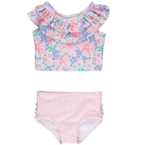 RuffleButts Girls UPF50+ Ruffle Tankini - Bow Blooms, 6