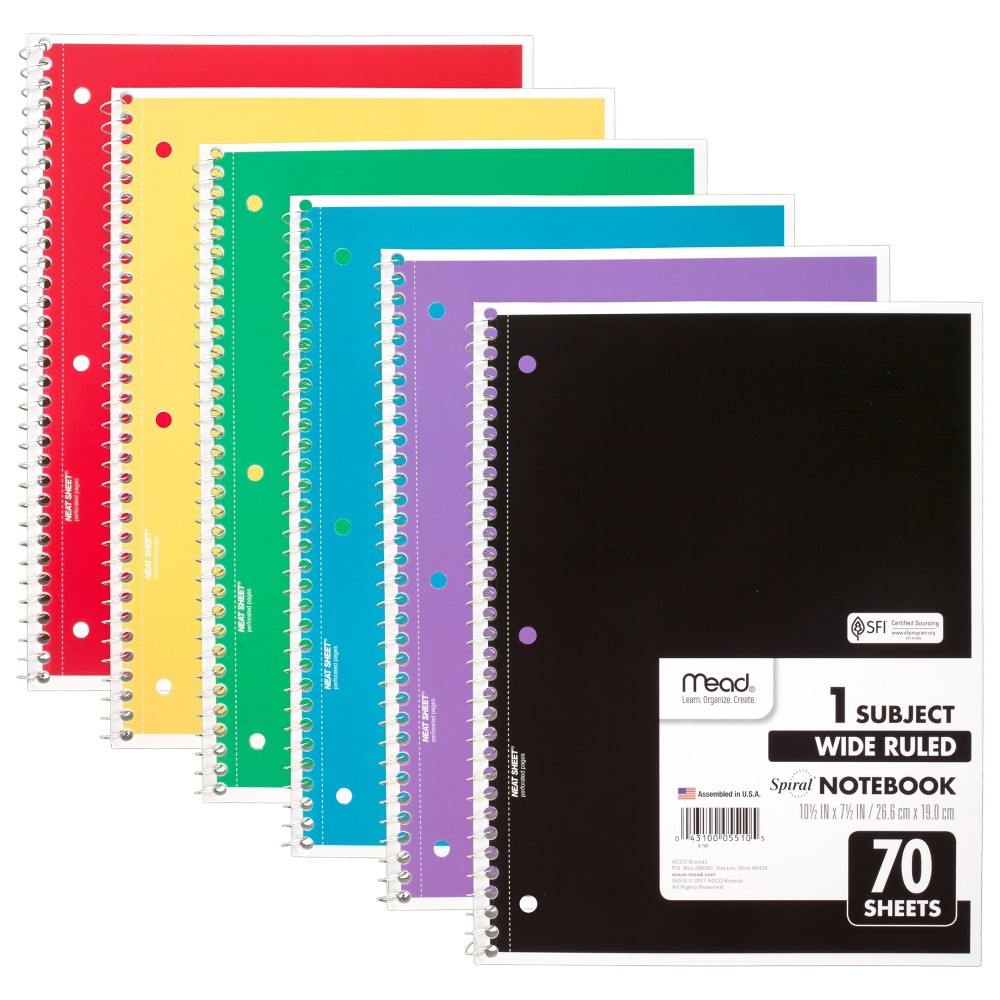 Mead Spiral Notebook  1 Subject  Wide Ruled  70 Sheets  6 Pack (73063)