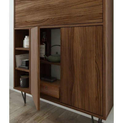 Slim Walnut Secretary Desk with Black Hairpin Legs and Filing Cabinet