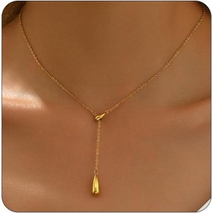 Dainty Cross Drop Y-Shaped Necklace: 18K Gold Plated Minimalist Lariat with Beaded Chain, Everyday Elegant Jewelry - 1 of 4