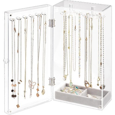 Acrylic Jewelry Organizer with 24 Hooks, Rotating Clear Necklaces Display Box with Built-in Mirror