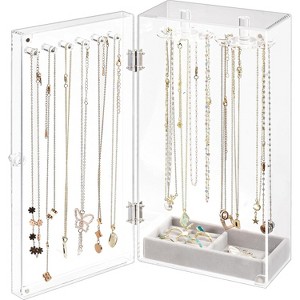 Acrylic Jewelry Organizer with 24 Hooks, Rotating Clear Necklaces Display Box with Built-in Mirror - 1 of 4