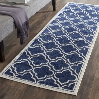 Navy and Ivory Hand-Knotted Synthetic 27" Reversible Runner Rug