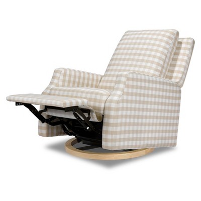 Tan Gingham Velvet Swivel Recliner with Light Wood Base