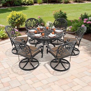 7-Piece Round Cast Aluminum Outdoor Patio Dining Set with Swivel Chairs & Brown Cushions & Umbrella Hole - 1 of 4