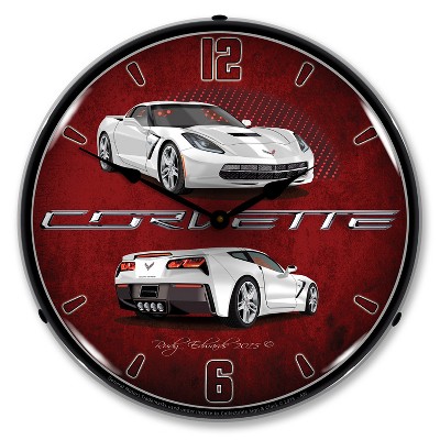 Collectable Sign & Clock | C7 Corvette Artic White LED Wall Clock Retro/Vintage, Lighted