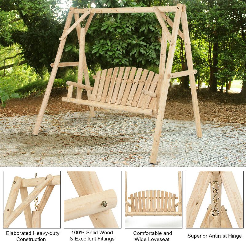 Costway A-Frame Wooden Porch Swing Outdoor garden rural Torched Log Curved Back Bench, 3 of 8