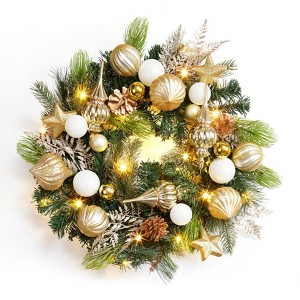 24" Christmas Wreaths for Front Door with Lights, Pre-Lit Christmas Door Wreath with Gold Ball Ornaments, Pine Cones - 1 of 4