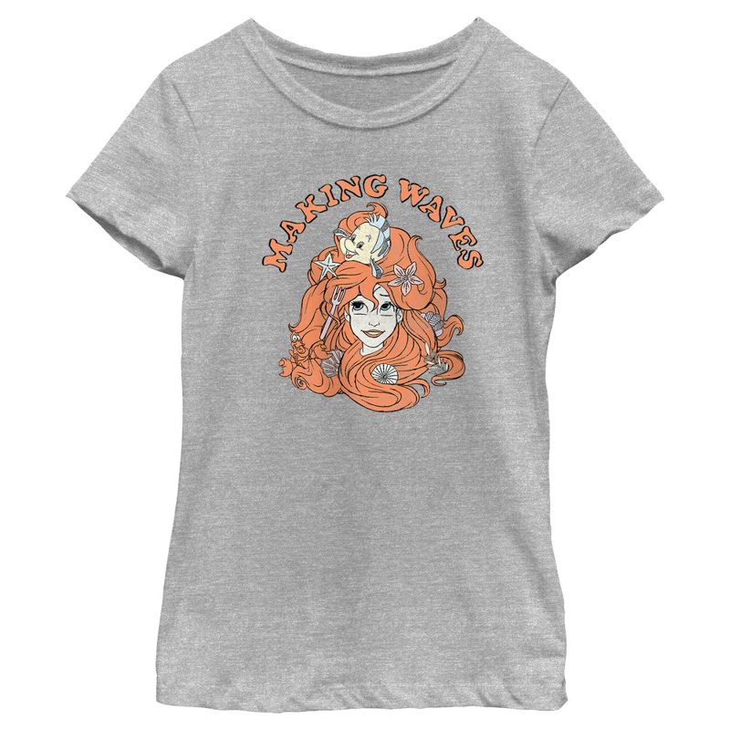 Girl's The Little Mermaid Ariel and Flounder Making Waves T-Shirt, 1 of 6