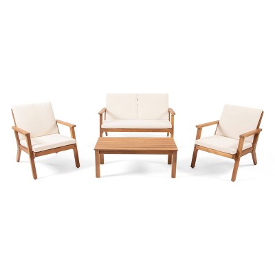Temecula Outdoor Acacia Wood 4 Seater Chat Set with Cushions - Brown Patina/Cream - Christopher Knight Home
