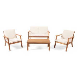 Temecula Outdoor Acacia Wood 4 Seater Chat Set with Cushions - Brown Patina/Cream - Christopher Knight Home - 1 of 4
