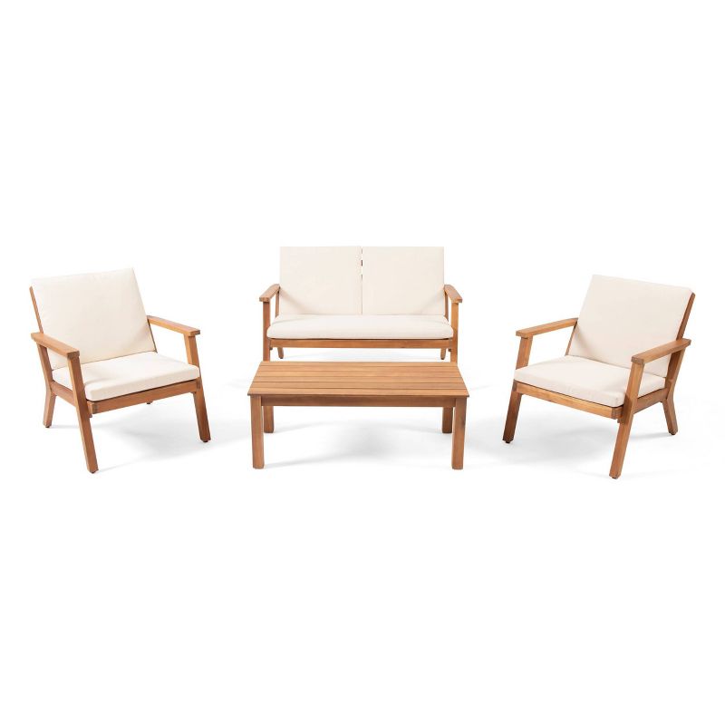 Temecula Outdoor Acacia Wood 4 Seater Chat Set with Cushions - Brown Patina/Cream - Christopher Knight Home, 1 of 16