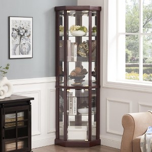 ORRD Lighted Corner Curio Cabinet, Elegant Dark Cherry Glass Display with Built-in Lighting - 1 of 4