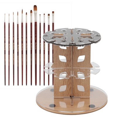 Mezzo Rotating Paint Brush Storage Rack with Creative Mark Mimik Kolinsky Synthetic Sable Brush Set of 12 Long Handle Paint Brushes with Brush Drying