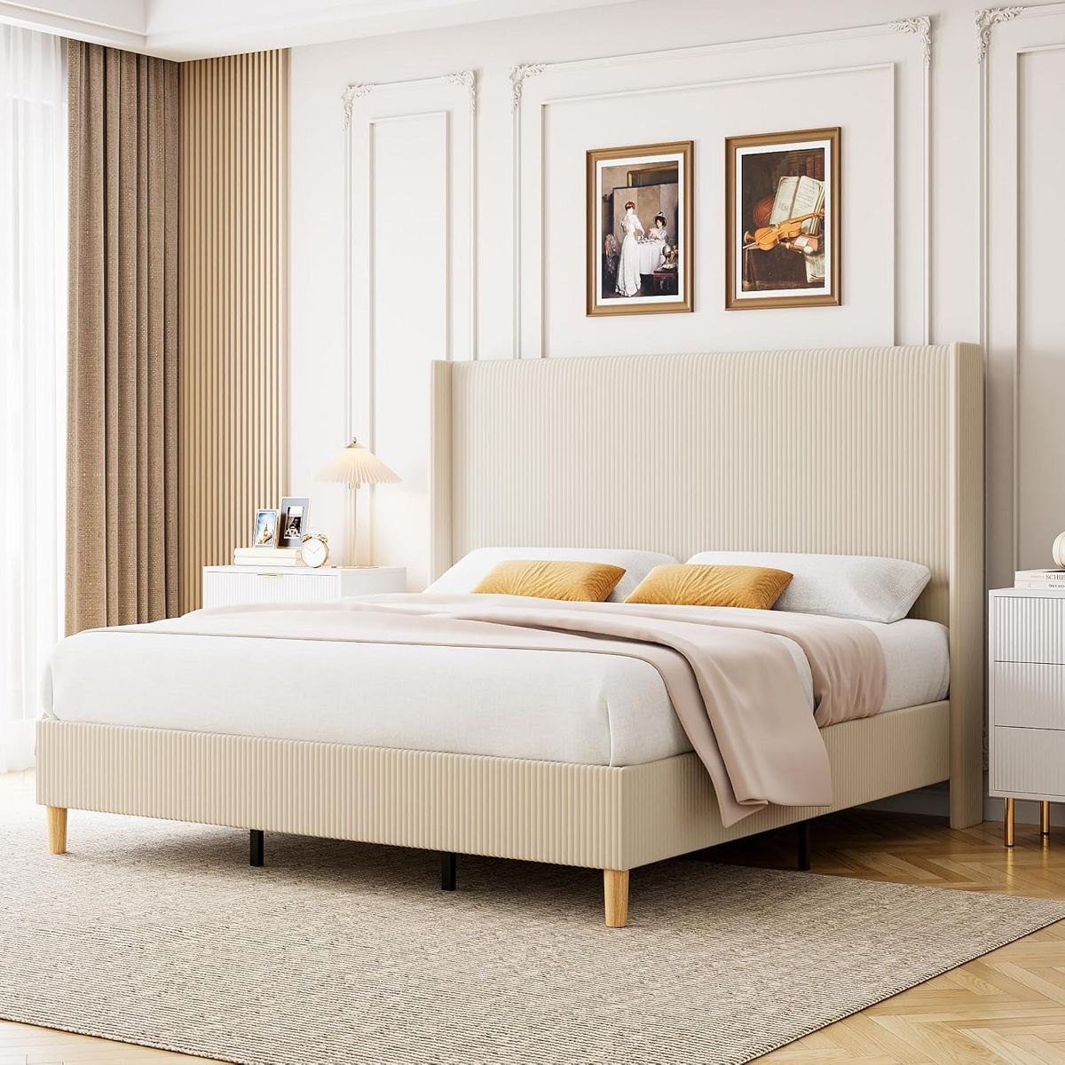 Bed Frame, Upholstered Platform Corduroy Bed Frame with Vertical Channel Tufted Wingback Headboard, Strong Wooden Slats, Easy Assembly