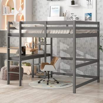 Wooden  Loft Bed with Ladder, Desk and Shelves-ModernLuxe