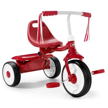 Radio Flyer 415S Kids Readily Assembled Steel Framed Adjustable Beginner Fold 2 Go Trike with Spacious Storage Bin and Handle Streamers, Red