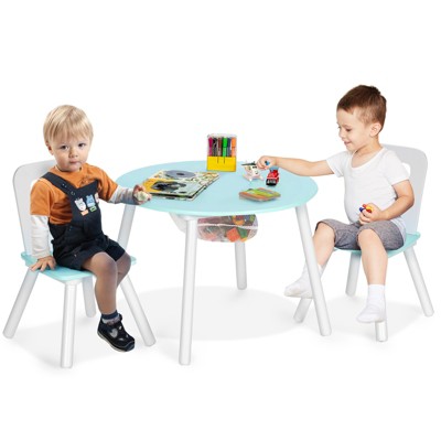 Infans Kids Wooden Round Table & 2 Chair Set w/ Center Mesh Storage Green