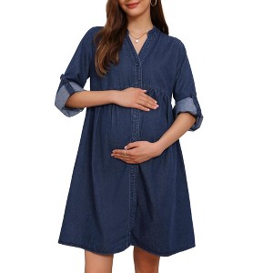 INSPIRE CHIC Women's Maternity Denim Dress Babydoll Long Sleeve Cotton Button Down Shirt Dresses Fall - 1 of 4