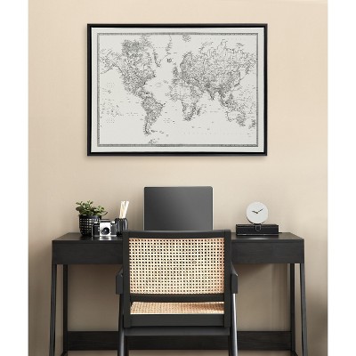 Vintage Black and White World Map Framed Canvas Art, 28x38
