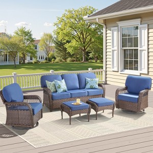 Buenhomino 6PCS Outdoor Furniture Set with 5" Thick Cushion, Outdoor Sofa Couch Set with Swivel Chairs and Ottoman, Brown Wicker Patio Furniture Set - 1 of 4