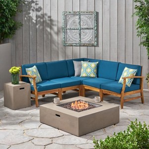GDFStudio Biella Outdoor Acacia Wood 5 Seater Sectional Sofa Set with Fire Pit - 1 of 4