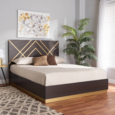 Arcelia Queen Two-Tone Geometric Wood Platform Bed with Tufted Upholstery