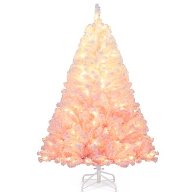 Costway 5 FT Artificial Christmas Tree with 180 Warm White LED Lights, 8 Lighting Modes & Folding Metal Stand White & Pink